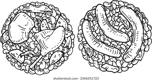 Vector graphic monochrome set with French Cassoulet. National European, French cuisine Contour Collection. Image for textiles, scrapbooking, restaurant 