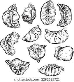 Vector graphic monochrome set with Korean cuisine dumpling. National Asian cuisine contour collection. Image for textiles, scrapbooking, restaurant menus and fast food
