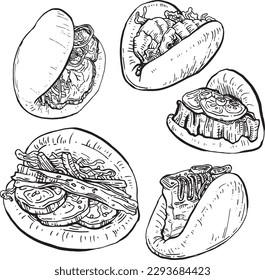 Vector graphic monochrome set with Korean bao bun. National Asian Kitchen Contour Collection. Image for textiles, scrapbooking, restaurant menus and fast food