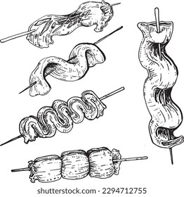 Juego monocromático vectorial con kkochi coreano. Colección de Concursos de Cocina Asiática Nacional. Imagen para textiles, reserva de recortes, menús y comida rápida