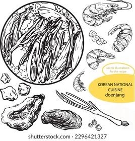 Vektorgrafik-Monochrome Set mit koreanischer Küche Doenjang Zutat mit Muscheln und Garnelen. National Asian Kitchen Contour Collection. Bild für Textilien, Scrapbooking, Restaurantmenüs