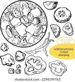 Vector graphic monochrome set with Korean cuisine doenjang ingredient with mussels and shrimps. National Asian Kitchen Contour Collection. Image for textiles, scrapbooking, restaurant menus