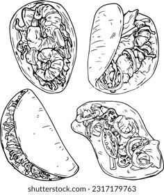 Vector graphic monochrome set with tacos. National Asian, Italian  Kitchen Contour Collection. Image for textiles, scrapbooking, restaurant menus 