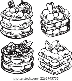 Vector graphic monochrome set with tiramisu cakes of different fillings. A special template for birthday and children's holidays. Collection for festive designer packaging, textiles, scrapbooking