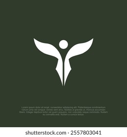 Vector graphic monochrome silhouette of an angel or wing human spread wings. rising logo, startup, success.