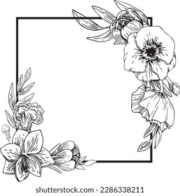 Vektorgrafik-monochrome quadratische Rahmen mit Blättern von Hauspflanzen und exotischen Mohnknospen. Frühlingsfloristische Kollektion für Hochzeiten, Geburtstage. Bild für Textilien, Chirurgie, Design, Scrapbooking