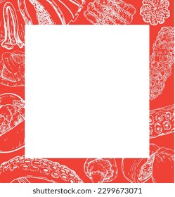 Vector graphic monochrome square frame with Korean cuisine ingredients. National Asian Kitchen Contour Collection. Image for textiles, scrapbooking, restaurant menu