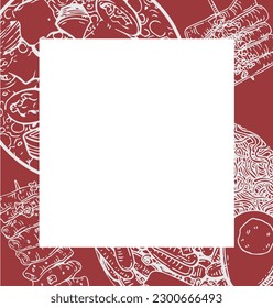 Vector graphic monochrome square red frame with Korean cuisine ingredients. National Asian Kitchen Contour Collection. Image for textiles, scrapbooking, restaurant menu