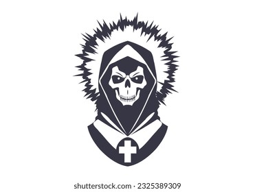 Vector graphic monochrome sticker or icon. Portrait of death with halo and cross. Hooded human skull. White isolated background.