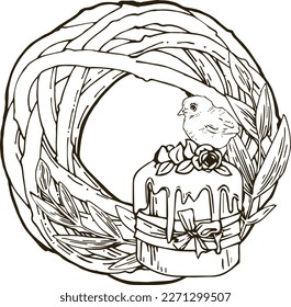 Vector graphic monochrome wreath with chicken and Easter cake. A contour spring set for Mother's Day and Easter. Image for textiles, chancery, design, scrapbooking