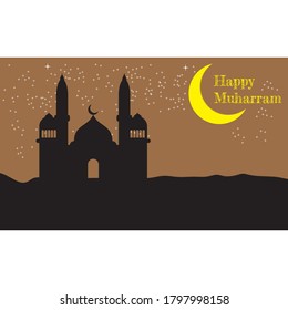 vector graphic of mosque and crescent moon. commemorating happy muharram day