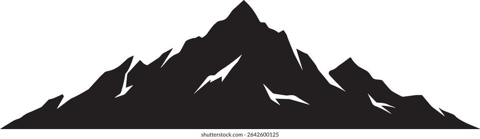 Vector graphic of a mountain range silhouette, isolated on white background.  Perfect for logos, illustrations, or design projects.  Simple and bold design.