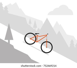 Vector graphic moving wheel downhill between mountains. Stylized graphics