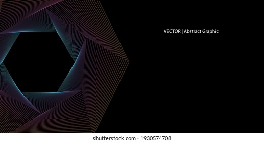 A vector graphic of a multi color hexagon on black background, created using blend tool.  Website banner page design.