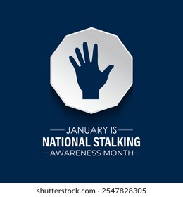 Vector graphic of National Stalking Awareness Month banner design template. Realistic Ribbon, hands icon and colourfull backgraound. Design for cards, prints, social media, poster, flyer.