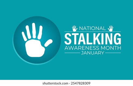 Vector graphic of National Stalking Awareness Month banner design template. Realistic Ribbon, hands icon and colourfull backgraound. Design for cards, prints, social media, poster, flyer.