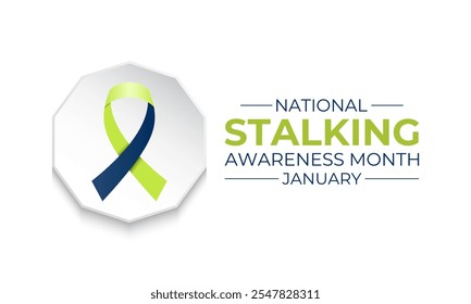 Vector graphic of National Stalking Awareness Month banner design template. Realistic Ribbon, hands icon and colourfull backgraound. Design for cards, prints, social media, poster, flyer.