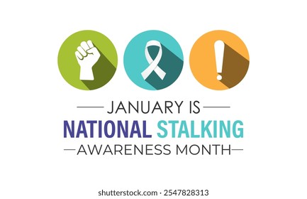 Vector graphic of National Stalking Awareness Month banner design template. Realistic Ribbon, hands icon and colourfull backgraound. Design for cards, prints, social media, poster, flyer.