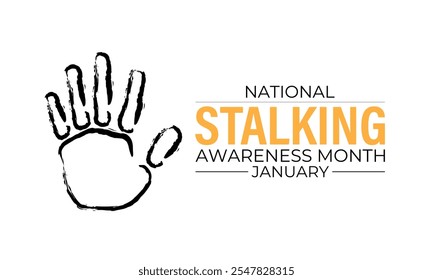 Vector graphic of National Stalking Awareness Month banner design template. Realistic Ribbon, hands icon and colourfull backgraound. Design for cards, prints, social media, poster, flyer.