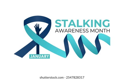 Vector graphic of National Stalking Awareness Month banner design template. Realistic Ribbon, hands icon and colourfull backgraound. Design for cards, prints, social media, poster, flyer.