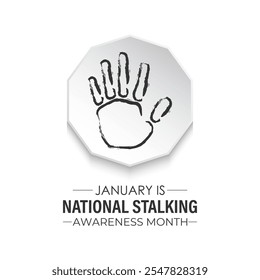 Vector graphic of National Stalking Awareness Month banner design template. Realistic Ribbon, hands icon and colourfull backgraound. Design for cards, prints, social media, poster, flyer.