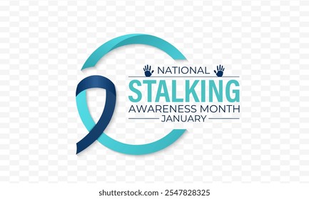 Vector graphic of National Stalking Awareness Month banner design template. Realistic Ribbon, hands icon and colourfull backgraound. Design for cards, prints, social media, poster, flyer.