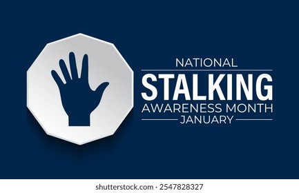 Vector graphic of National Stalking Awareness Month banner design template. Realistic Ribbon, hands icon and colourfull backgraound. Design for cards, prints, social media, poster, flyer.