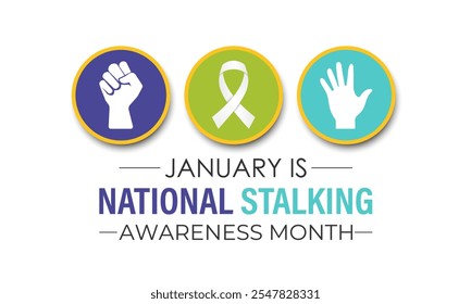 Vector graphic of National Stalking Awareness Month banner design template. Realistic Ribbon, hands icon and colourfull backgraound. Design for cards, prints, social media, poster, flyer.