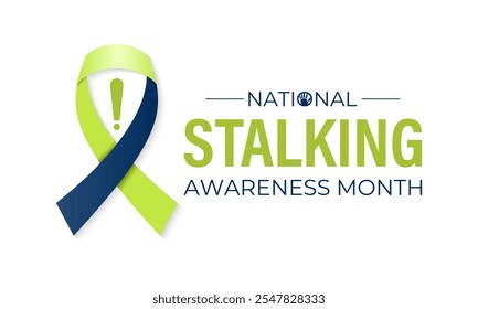 Vector graphic of National Stalking Awareness Month banner design template. Realistic Ribbon, hands icon and colourfull backgraound. Design for cards, prints, social media, poster, flyer.