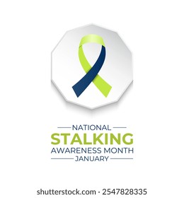 Vector graphic of National Stalking Awareness Month banner design template. Realistic Ribbon, hands icon and colourfull backgraound. Design for cards, prints, social media, poster, flyer.