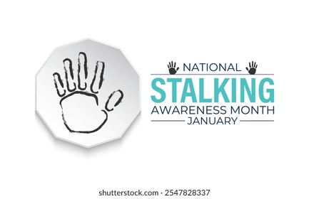 Vector graphic of National Stalking Awareness Month banner design template. Realistic Ribbon, hands icon and colourfull backgraound. Design for cards, prints, social media, poster, flyer.