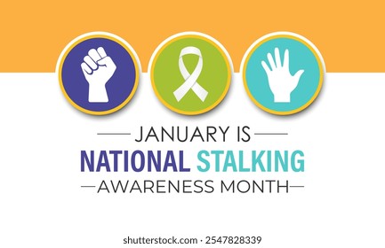 Vector graphic of National Stalking Awareness Month banner design template. Realistic Ribbon, hands icon and colourfull backgraound. Design for cards, prints, social media, poster, flyer.