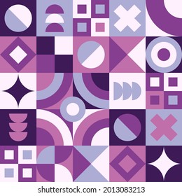 Vector Graphic of Neo Geo Design Pattern with Unique Geometry Shapes. Purple White Color Theme. Good For Pillow Case, Curtain, Blanket, Bed Sheet, Etc