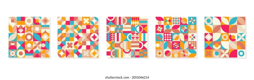 Vector Graphic of Neo Geo Design. Bright Color Theme Geometry Pattern Wallpaper Template. Unique Geometric Shapes Background Set. Good for Print, Flyer, Banner, Magazine, Presentation, Textile, etc