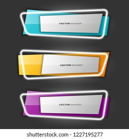 Vector graphic neon design banner backgrounds in three different colors. Paper neon light banner origami style. Abstract pointer