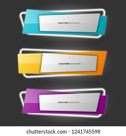Vector graphic neon design banner backgrounds in three different colors. Paper neon light banner origami style. Abstract pointer