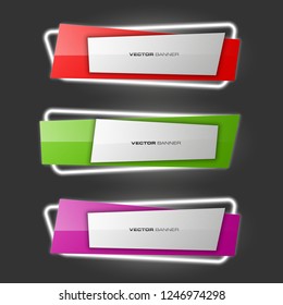 Vector graphic neon design banner backgrounds in three different colors. Paper neon light banner origami style. Abstract pointer