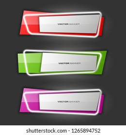 Vector graphic neon design banner backgrounds in three different colors. Paper neon light banner origami style. Abstract pointer