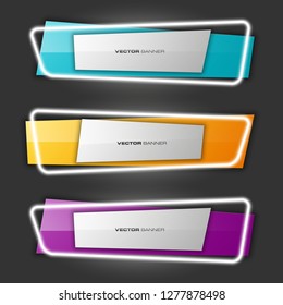 Vector graphic neon design banner backgrounds in three different colors. Paper neon light banner origami style. Abstract pointer