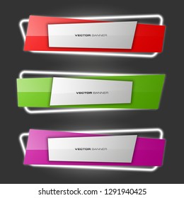 Vector graphic neon design banner backgrounds in three different colors. Paper neon light banner origami style. Abstract pointer