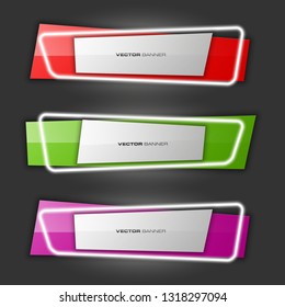 Vector graphic neon design banner backgrounds in three different colors. Paper neon light banner origami style. Abstract pointer
