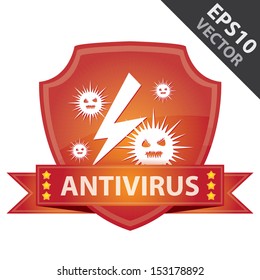 Vector : Graphic For Network Security , Present By Red Glossy Style Shield Icon With Antivirus Label and Computer Virus Sign Isolated on White Background 