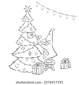 Vector graphic New Year coloring page with Christmas tree, gnome and cat