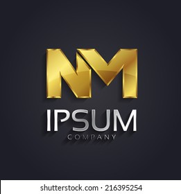 Vector graphic NM letter symbol in gold and silver with sample text for your company