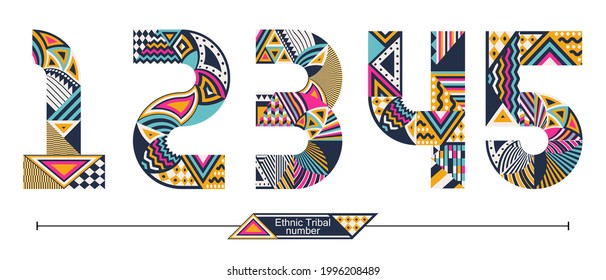 Vector graphic number in a set 1,2,3,4,5, with Ethnic tribal color style