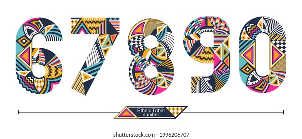 Vector graphic number in a set 6,7,8,9,0, with Ethnic tribal color style