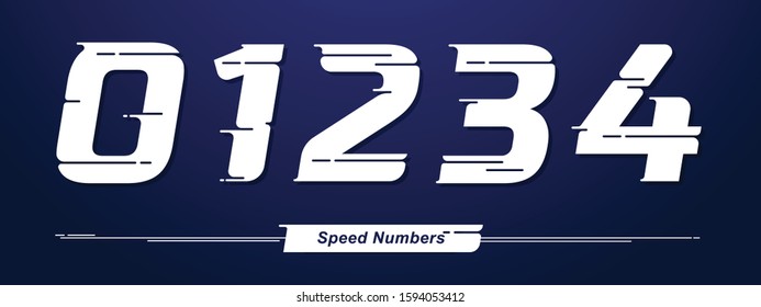 Vector graphic numbers in a set 0,1,2,3,4, with Speed font style. for event, promo, logo, banner, monogram and poster. Typeset design.