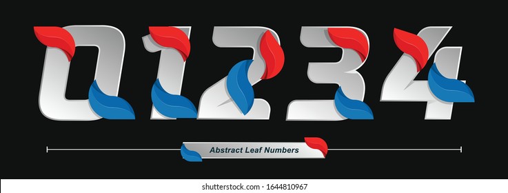 Vector graphic numbers in a set 0,1,2,3,4, with Abstract Colored Leaf font style