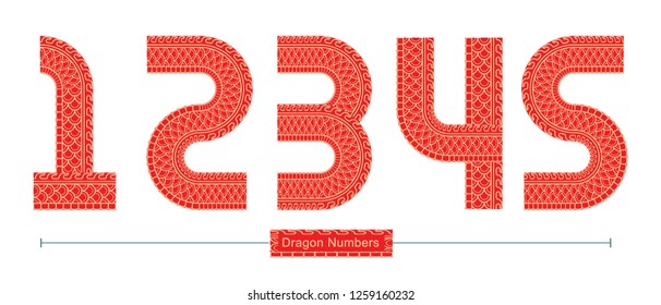Vector graphic numbers in a set 1,2,3,4,5, with Red Dragon texture font style