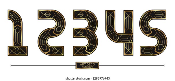 Vector graphic numbers in a set 1,2,3,4,5, with Art Deco golden color style